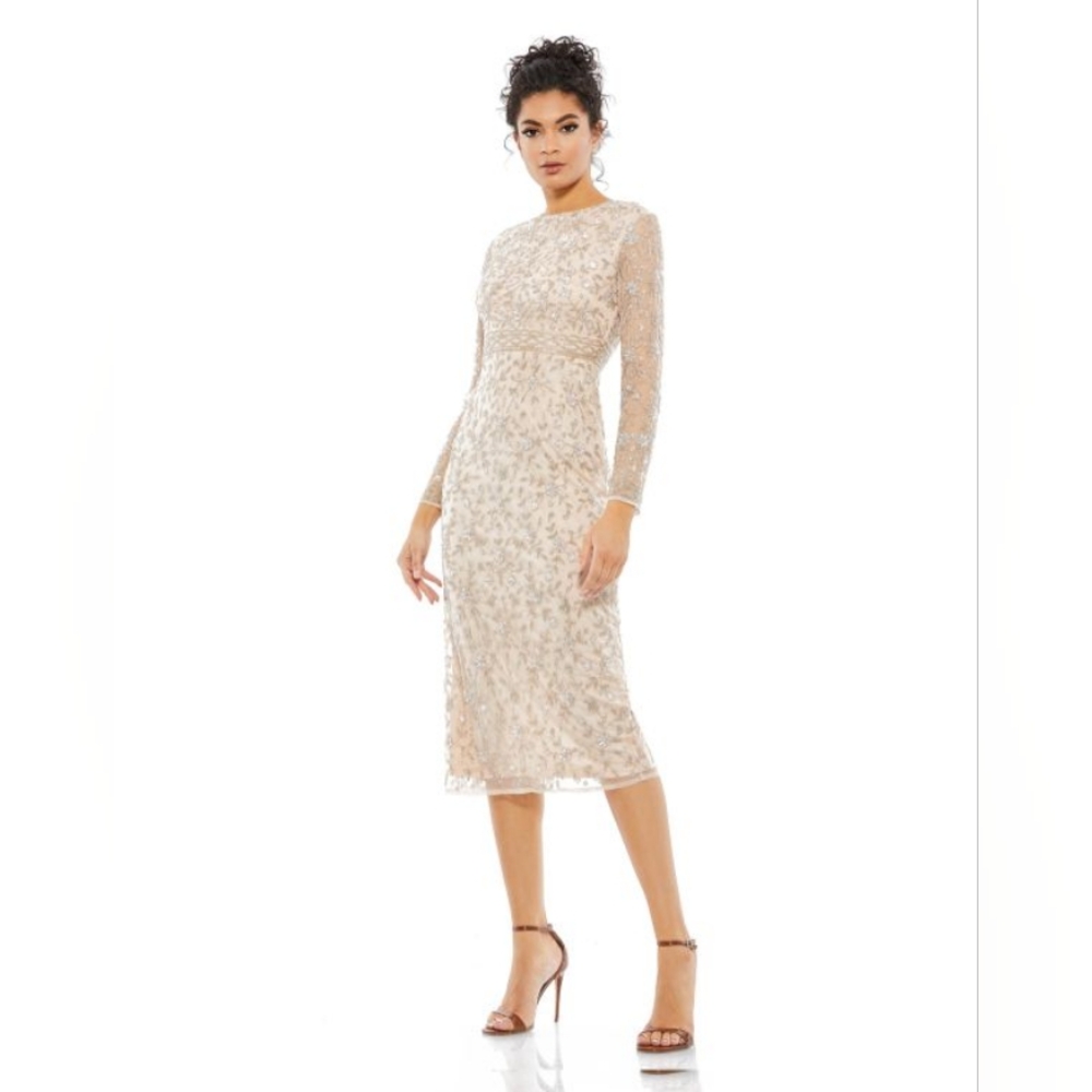 MAC DUGGAL BEADED TEA LENGTH DRESS W/ SHEER SLEEVES 10812